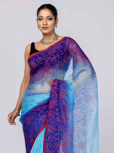 Magenta Printed and Embroidered Muslin Saree