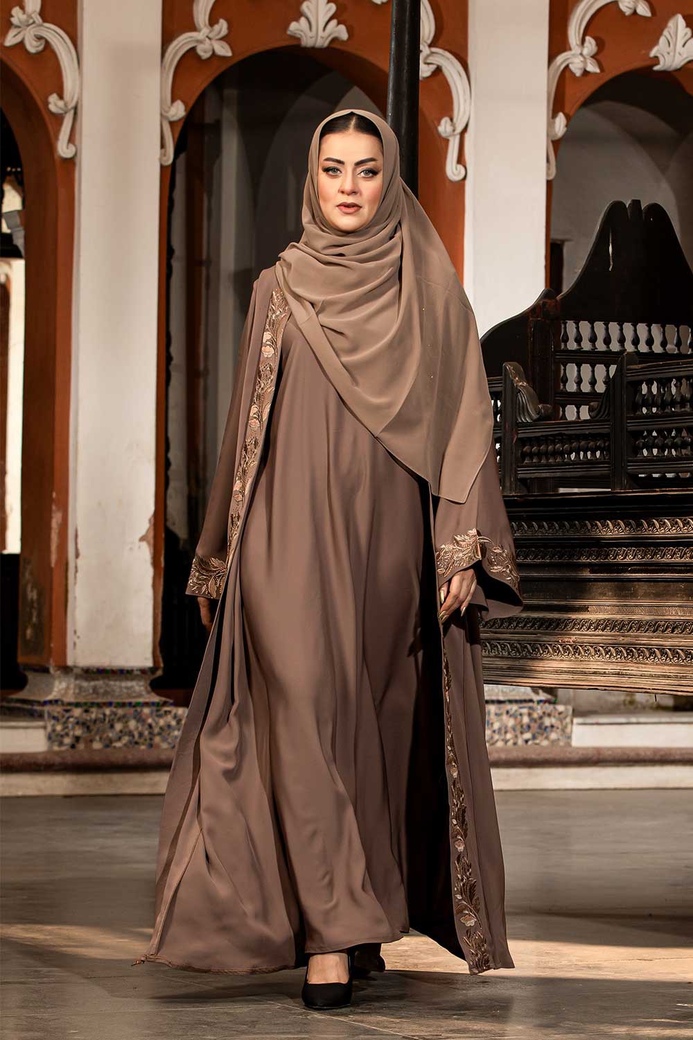 Mocha Brown Koti Borka with Embroidery & Stone Work