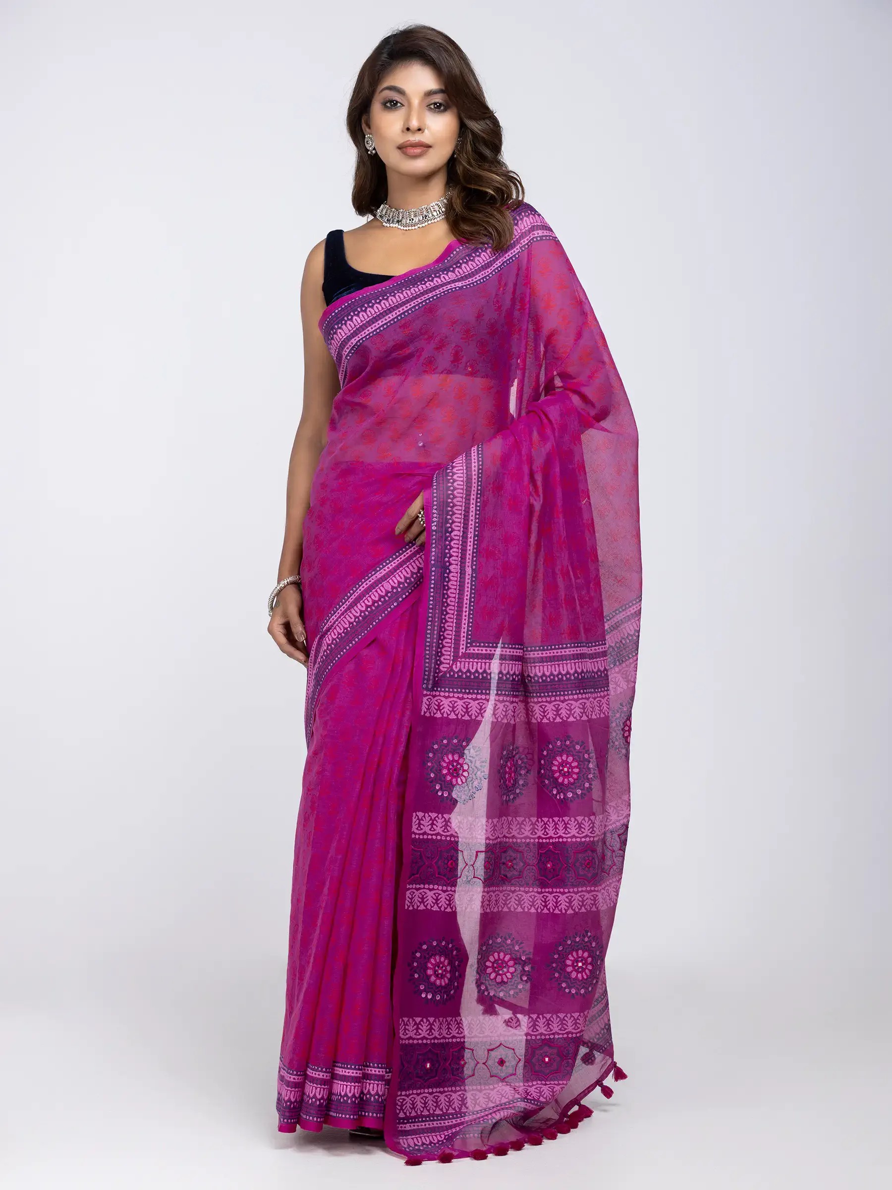 Magenta Printed and Embroidered Muslin Saree