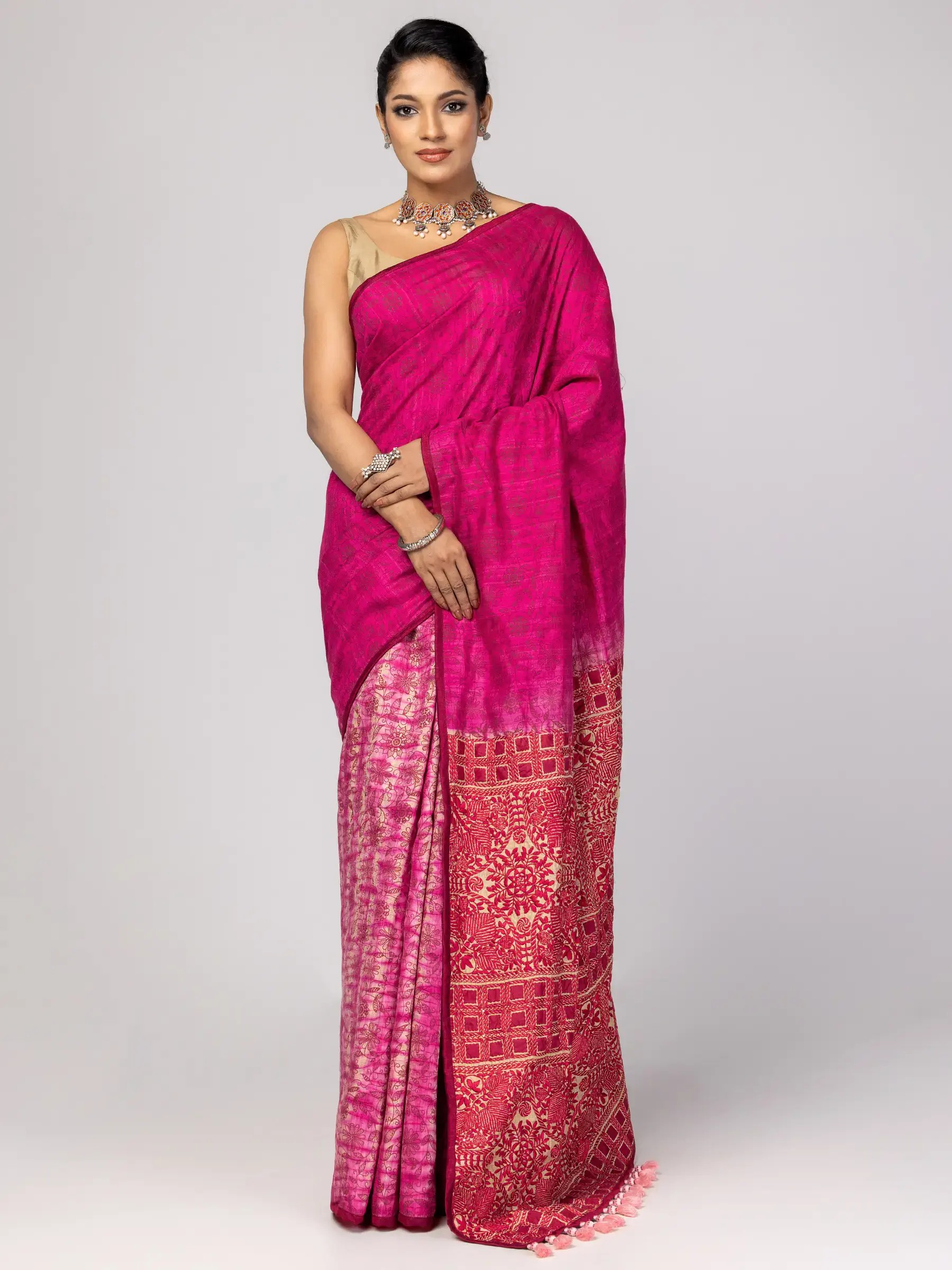 Magenta Printed and Embroidered Muslin Saree