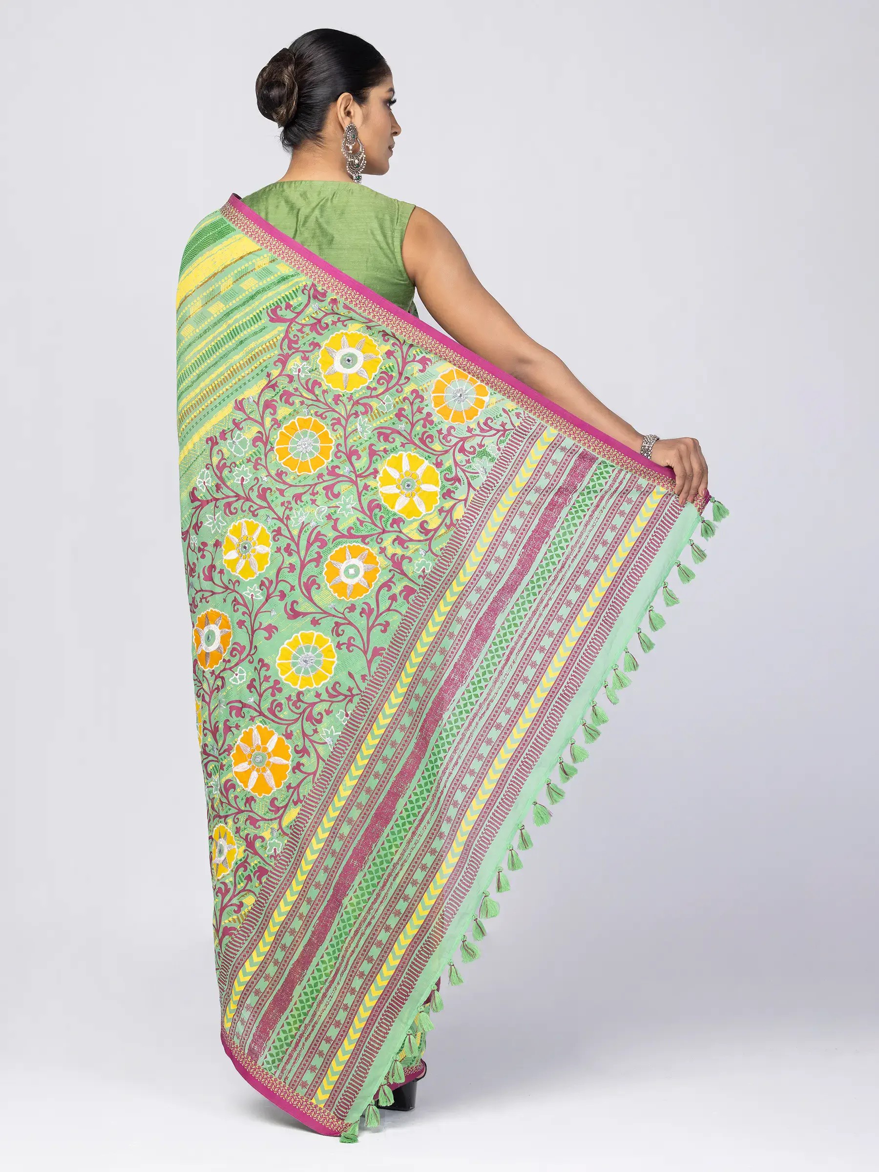 Magenta Printed and Embroidered Muslin Saree